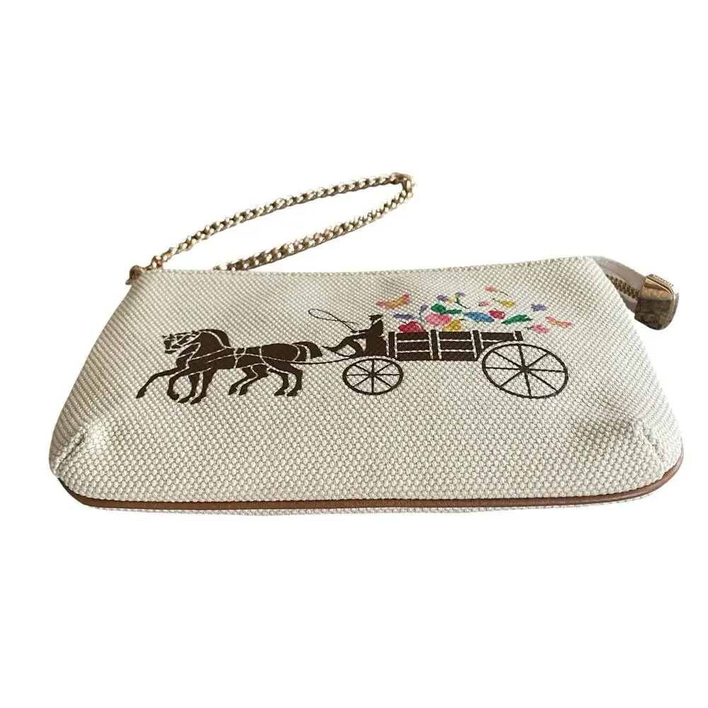 COACH C8725 Large Wristlet 19 Natural Canvas Dreamy Veggie Horse Carriage Clutch